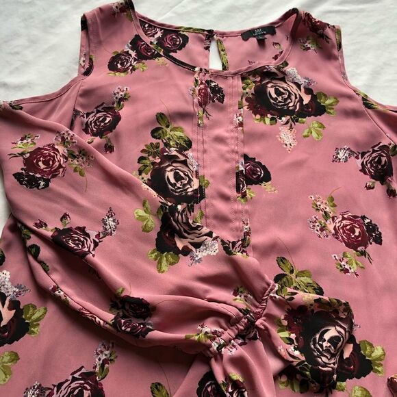 MM beautiful cold shoulder blouse scoop neck bell sleeves pink floral Large - Picture 4 of 10
